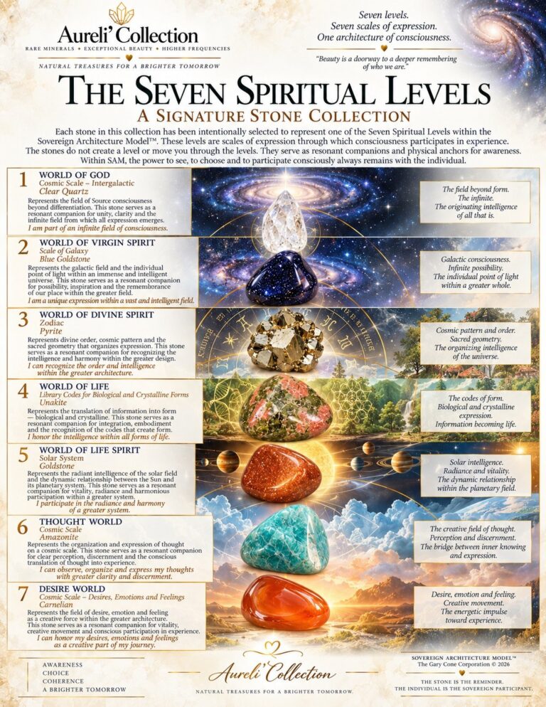 Books and Publications The Seven Spiritual Levels presentation showing the labeled crystalline companions and their resonances within the Sovereign Architecture Model™