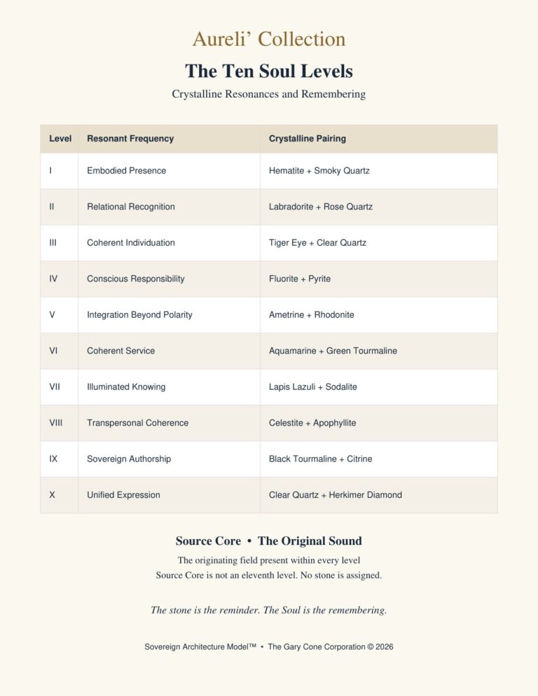 Books and Publications The Crystalline Language of the Ten Soul Levels presentation showing the labeled crystalline companions and their resonances within the Sovereign Architecture Model™